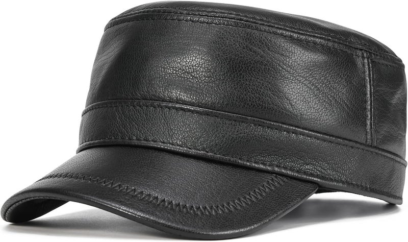 VOBOOM Leather Cadet Army Cap Adjustable Flat Top Military Style Hat for Men - Image 1